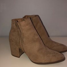 Taupe Booties 2.5-3 In. Pointed Toe Casual Brown High Heel Booties, Casual Brown Booties With Block Heel, Casual Beige Booties With Block Heel, Casual Brown Booties With Stacked Heel, Casual Brown Booties For Spring, Casual Beige Booties With Stacked Heel, Shoes Heels Boots, Tan Brown, Shoes Women Heels