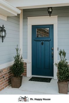 a blue front door with two potted plants