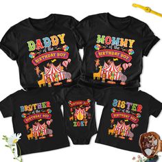 Personalized Family Circus Birthday Shirts, Custom Circus Carnival Family Birthday Shirts, Circus Party Tee, Circus Birthday Family Outfit LS4252 Welcome to my store! I will help you to have a good shopping experience as much as I can. If you have any request please feel free to message me. I will reply as soon as possible. I have listed some information to help you below: HOW TO ORDER? : Choose the color and size you want. If available, enter the customization information in the text box. Click Family Matching Birthday Tops With Funny Print, Family Matching Tops With Cartoon Print For Birthday, Fun Graphic Print Tops For Family Events, Family Matching Tops With Funny Print For Birthday, Family Matching Shirt With Cartoon Print For Birthday, First Birthday Multicolor Graphic T-shirt, Multicolor Tops For Birthday, Multicolor Family Matching Tops For Birthday, Family Matching Multicolor Tops For Birthday