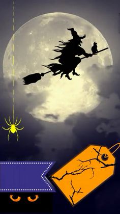 an image of a halloween scene with a witch on a broom flying over the moon