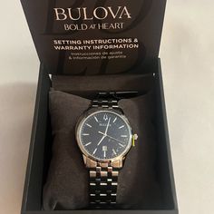 $325 Mrp| Bulova 96b338 Men's Sutton Stainless Steel Bracelet Watch (Size 21cm 8.27") New With Tag In Box See Our Photos For Details. Description: Stainless Steel Case And Bracelet With A Blue Dial Featuring A Calendar Window At The Six O’clock Postion. Domed Mineral Crystal. Deployant Buckle. Model 96b338 Movement 9u13 Technology Quartz A Movement Powered By A Battery. The Quartz Crystal Regulates The Time Achieving Accuracy To 15 Seconds A Month. Case Width (Mm) 40 Lug Width (Mm) 20 Dial Blue Formal Stainless Steel Watches With Date Display, Bulova Mens Watches, Gold Diamond Watches, Gold Watch Men, Mens Gold, Gold Case, Diamond Watch, Stainless Steel Watch, Crystals Minerals