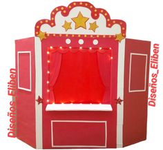 a red and white cardboard stage with lights on it's sides, in front of a white background