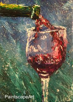 a painting of a wine glass being filled with red wine