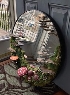 a mirror that has some mushrooms in it