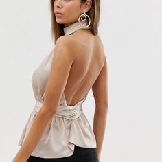 Nwt! Brand New Asos Halter Top With Tie Detail In Satin. Color: Blush Size: Us 2 Elegant Backless Top For Day Out, Elegant Backless Top For Going Out, Chic Backless Spring Blouse, Chic Backless Blouse For Spring, Spring Backless Tops For Going Out, Backless Top For Summer Going Out, Backless Tops For Summer Going Out, Summer Backless Tops For Going Out, Backless Tops For Going Out In Summer