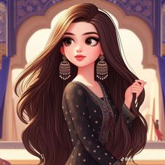 a girl with long brown hair and earrings