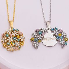 Gold Flower Necklaces For Celebration, Floral Jewelry For Celebrations, Multicolor Flower Necklace For Wedding, Elegant Flower Shaped Necklace With Hallmark, Elegant Flower-shaped Necklace With Hallmark, Flower Shaped Necklaces With Hallmark For Mother's Day, Flower Shaped Necklace With 17 Jewels For Gift, Personalized Multicolor Wedding Jewelry, Jewelry Christmas