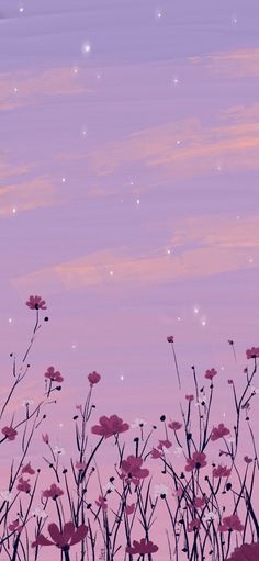 pink flowers are in the foreground with purple sky and stars in the back ground