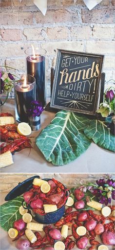 two pictures of food on a table with candles and other items in front of them