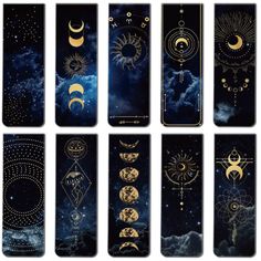 the moon tarot cards are shown in gold and black, with different designs on them