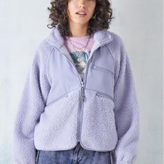 Bdg Boxy Fleece Jacket Lilac Purple Size Small Nwt Super-Cozy Fleece Jacket, Cut In A Relaxed Boxy Silhouette With Nylon-Feel Panels Mock Neck, Drop Shoulders, Long Sleeves Three Zip-Up Front Pockets Curved, Cropped Hem Teddy Jacket, Lilac Purple, Zip Up, Fleece Jacket, Mock Neck, Urban Outfitters, Fitness Models, Lilac, Zip Ups