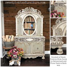 an old china cabinet painted white with flowers and bookshelf in the middle, along with other antique furniture