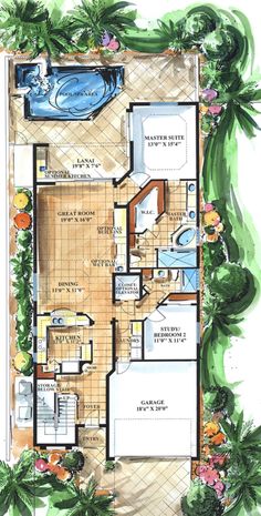 a floor plan for a house with pool and hot tub