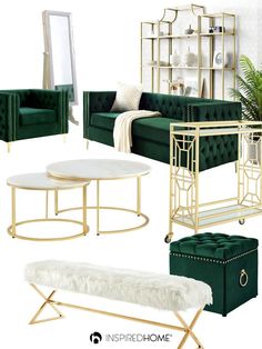 a living room with green velvet furniture and gold accents, including a couch, coffee table, ottoman, mirror and stool