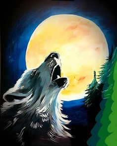 a painting of a wolf with its mouth open in front of a full moon and trees