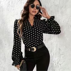 Polka-Dot Print V-Neck Blouse With Ruffled Sleeves Material: Polyester Trendy Fall Fashion Top Shirt Dress Pattern, Flounce Sleeve, Puff Sleeve Blouse, Polka Dot Blouse, Print Chiffon, Polka Dot Print, Long Blouse, Sleeves Pattern, Dot Print