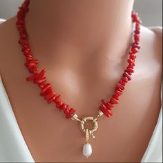 Size: 44cm Material: Coral Color: Red Pearl, representing elegance and love, and coral, representing luck and beautiful energy, are indispensable for every season. Make yourself and your loved ones happy with the coral necklace consisting of the impressive combination of pearl and coral. Standard size is 44 cm. Coral Jewelry Necklace, Lucky Necklace, Beautiful Energy, Coral Beads Necklace, Red Pearl, Necklace Bead, Red Necklace, Necklace Red, Coral Necklace