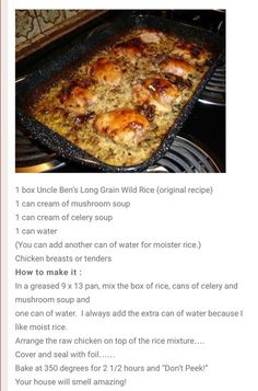 the recipe for chicken and rice casserole is shown in an image above it