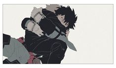 two anime characters hugging each other in front of a white background with black and red accents