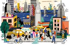 an illustration of people walking and riding bikes in the city on a busy street with tall buildings