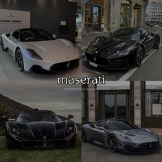 four different types of sports cars parked in front of a building with the words maserati on it