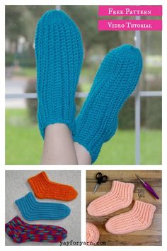 crocheted slippers and socks with text that reads free pattern video tutorial