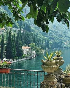 there are many potted plants on the ledge by the water's edge with mountains in the background