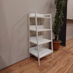 a white shelf sitting next to a potted plant on top of a hard wood floor