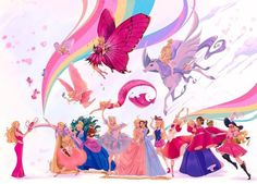 a group of women dressed in colorful dresses and holding umbrellas with butterflies flying above them