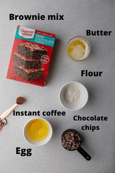 ingredients for brownie mix laid out on top of a white counter with text describing the ingredients