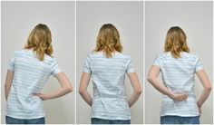 three pictures of a woman with her back turned to the camera and showing different angles