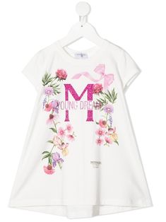 Bright white/multicolour stretch-cotton floral-print T-Shirt dress from MONNALISA featuring jersey knit, floral print, rhinestone embellishment, glitter detailing, crew neck and short sleeves. | MonnaLisa floral-print T-Shirt dress Spring Crew Neck T-shirt Dress With Graphic Print, White Cotton T-shirt Dress With Graphic Print, White Graphic Print T-shirt Dress With Crew Neck, White Crew Neck T-shirt Dress With Graphic Print, White Crew Neck T-shirt Dress For Spring, Spring Letter Print Crew Neck Dress, Spring White Graphic Print T-shirt Dress, Spring Crew Neck Dress With Letter Print, White Graphic Print T-shirt Dress For Spring