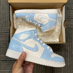 🎨 Hand Painted Design 🤍 Waterproof design ✨Painted with angelus paints. Please message me if you have any other questions! Custom Blue High-top Sneakers With Waterproof Paint, Blue Custom Sneakers With Waterproof Paint, Blue High-top Custom Sneakers With Waterproof Paint, Shoes Baddie, Cool Shoes For Girls, Jordan 1 Mid Blue, Custom Air Jordan 1, Custom Sneakers Diy, Nike Shoes Girls