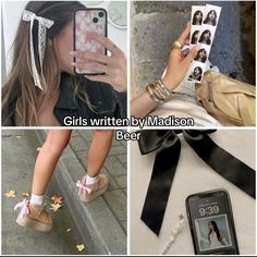 girls written by madison beer are wearing shoes and holding their cell phone up to the camera