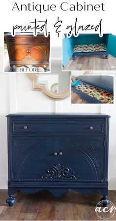 an antique cabinet painted and glazed with blue paint is featured in this article