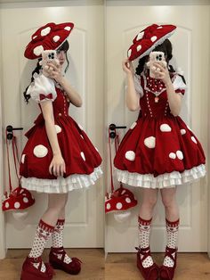 Red cute dress, Lolita OP, Lolita style Mushroom Outfits, Red Cute Dress, Mushroom Skirt, Lolita Outfits