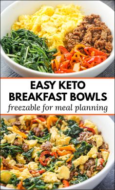 This delicious keto breakfast bowl recipe is perfect to freeze for a quick low carb breakfast or even lunch. It's full of healthy ingredients and that taste great together. A mixture of eggs, sausage and colorful and tasty veggies, this breakfast bowl is the perfect start to your morning with only 254 calories and 5 grams of carbs! Keto Breakfast Bowls, Egg Keto Breakfast, Quick Low Carb Breakfast, Easy Keto Breakfast, Keto Quiche, Breakfast Bowls Recipe, Desayuno Keto, Breakfast Low Carb, Keto Pancakes