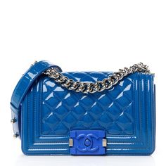 This is an authentic CHANEL Patent Calfskin Quilted Small Plexiglass Boy Flap in Blue.  This chic shoulder bag is crafted of smooth luxuriously shiny diamond quilted patent leather with a peripheral linear trim in a vibrant shade of blue.  The bag features a polished silver chain-link shoulder strap with a leather shoulder pad, and a blue plexiglass Boy press lock.  This opens the front flap to a black fabric interior with a patch pocket. Elegant Blue Quilted Bag, Elegant Blue Quilted Shoulder Bag, Luxury Blue Quilted Bag, Chanel Crossbody, Chanel Tweed, Chanel Caviar, Chanel Shoulder Bag, Denim Quilt, Blue Birthday