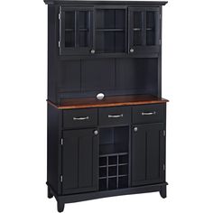 a black hutch with wooden counter top and wine rack in front of white background