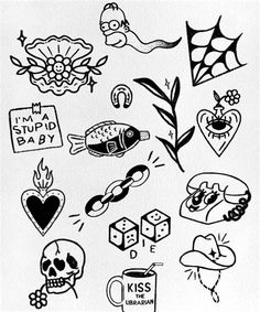 black and white drawing of various stickers