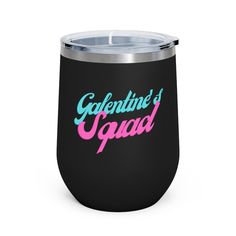 a black wine tumbler with the words,'caffetti squad'printed on it