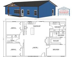 a blue house with the floor plan and measurements