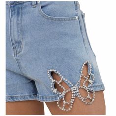 Be ready for your next festival or concert and shine in our new Butterfly Rhinestone Denim Shorts.  These are your perfect summer shorts.  Add a sweater and extend your wear into fall.  Girls these are amazing, get ready to sparkle and shine.Deta... Denim Belt Outfit, Emblishments Fashion, Shorts Design Ideas, Bedazzled Pants, Rhinestone Denim Shorts, Revamp Clothes, Sparkly Butterfly, Jeans Crafts, Rhinestone Denim