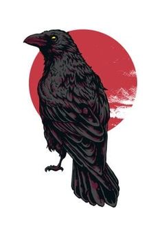 a black crow sitting on top of a tree branch in front of a red sun