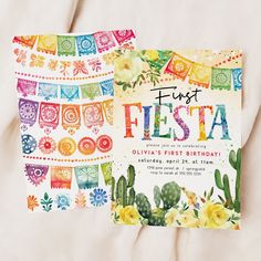 two colorful fiesta themed birthday cards on a white sheet with yellow flowers and cacti