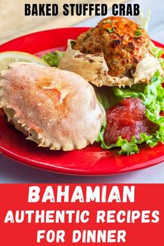 a plate with some food on it and the words, baked stuffed crab batman authentic recipes for dinner