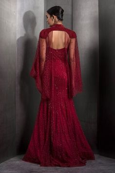 Claret red padded mermaid gown featuring embroidered tonal sequin and crystal cluster motifs. Comes with a matching cape highlighted with sequin embroidery on a sheer base. - Aza Fashions Gown With Cape, Turquoise Crystals, Sheer Cape, Rahul Khanna, Cape For Women, Claret Red, Turquoise Crystal, Sequin Gown, Tulle Gown