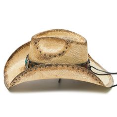 HERDER is a truly unique hat, crafted with genuine Panama straw and genuine leather for a combination of durability and style. Its adjustable chin cord ensures the perfect fit, while the stampede collection makes sure you stand out with intricate design, studs on the crown and under the brim, and a large turquoise jewel buckle. Whether you're looking for a fashion statement, or outdoor protection, HERDER is the perfect choice. Adjustable Rustic Straw Hat For Western-themed Events, Adjustable Gold Western Hat, Adjustable Natural Color Western Hat Band, Natural Color Adjustable Western Hat Bands, Adjustable High Crown Straw Hat In Natural Color, Adjustable Vintage Natural Hat Band, Adjustable Western Hat Band In Natural Color, Adjustable Gold Hats For Rodeo, Adjustable Natural Western Hat Bands