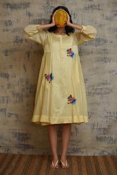 Shop for Dhaari Yellow Embroidered Cotton Silk Dress for Women Online at Aza Fashions Plain Dresses, Cotton Silk Dress, Zardozi Embroidery, Kantha Embroidery, India Dress, Yellow Butterfly, Embroidered Neckline, Dress Yellow, Dress With Lace