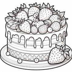 a cake with strawberries and chocolate icing on top is shown in black and white